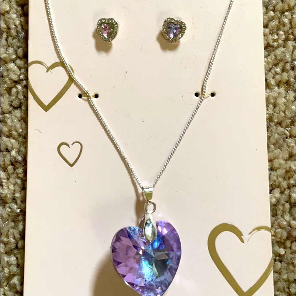Crystal Heart Necklace & Earrings Set New
